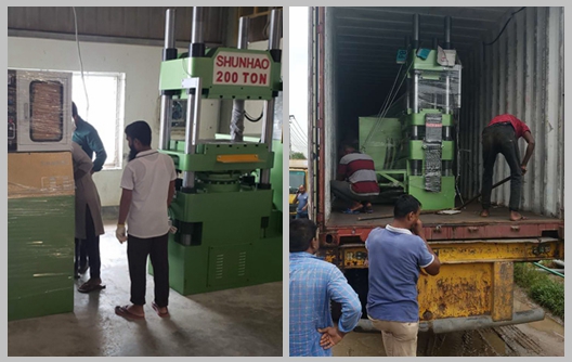 Machines de moulage de mélamine Shunhao de 150 et 200 tonnes déchargées dans l'usine du client